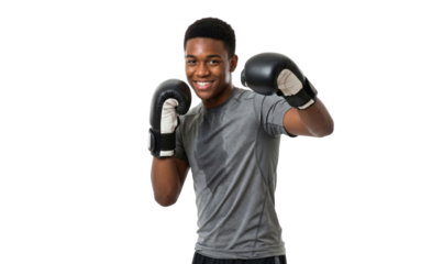 Happy African American athlete with boxing gloves isolated on transparent background