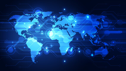 Global Digital Network Concept: Futuristic Blue World Map with Circuit Patterns and Glowing Connection Lines