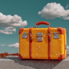 Yellow vintage suitcase sits atop a wall against a cloudy blue sky