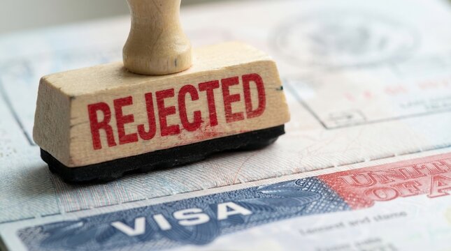 Wooden rubber stamp with rejected text on USA visa page in passport for travel ban concept
