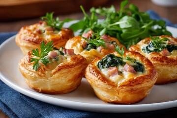 Mini puff pastry quiches with ham and spinach