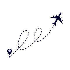 Airplane path following a dashed line from a map location marker