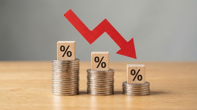 Percentage wooden blocks on coins with red arrow down for interest rate cut and inflation concept