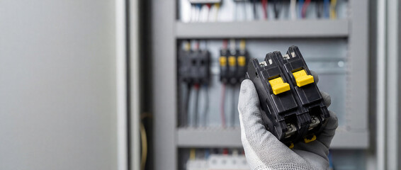 Hand Holding Two Circuit Breakers with Yellow Switches in Front of Distribution Box