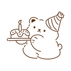 Obraz premium Cute cartoon bear wearing a festive hat carries a lit birthday cake on a tray