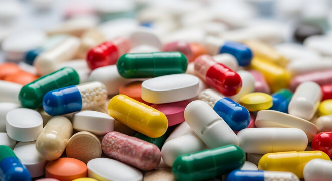 Assorted pharmaceutical pills and capsules in various colors and shapes scattered randomly in a pile for medical use or research purposes in healthcare and pharmaceutical industries worldwide daily