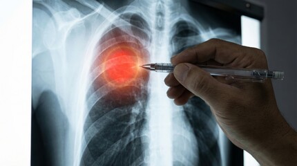 Doctor diagnosing lung cancer check on chest x-ray scan. Medical professional pointing to tumor for respiratory disease treatment.