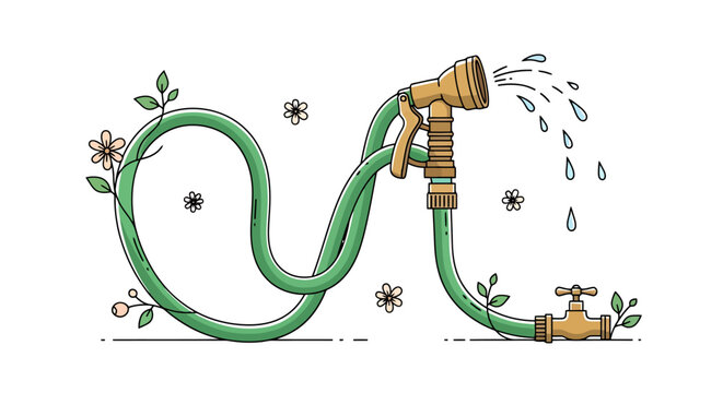 Gardening hose with flowing water and small plants connected to a faucet for watering greenery in a sunny environment