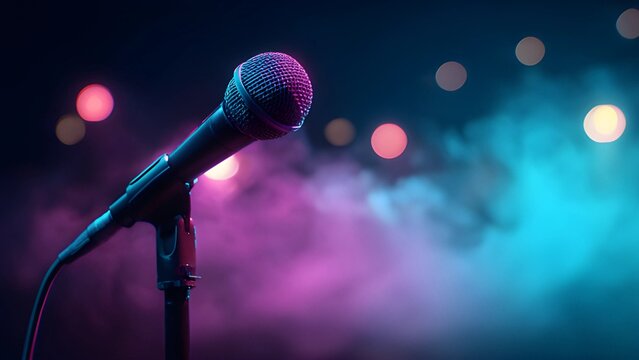 Colorful, spotlight neon foggy standup comedy night of a thousand laugh mic background. Music event, concert stage microphone silhouette. Microphone on a stand, on a dark background