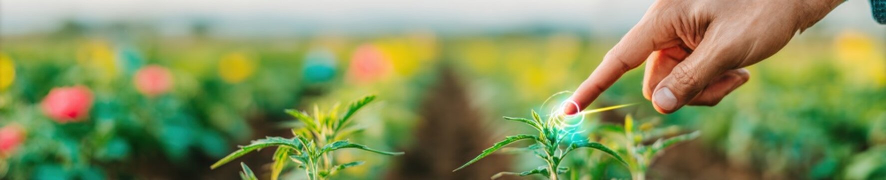 Human finger touching digital AI interface in smart agriculture field, futuristic IoT network for precision farming control and sustainable crop management