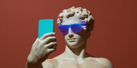 Statue of Apollo wearing blue sunglasses taking a selfie with a smartphone against a warm clay background, modern pop art concept for social media marketing and creative ads