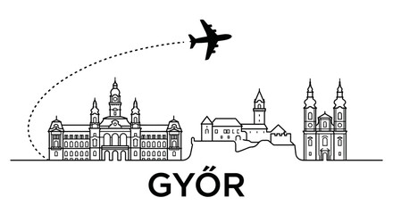 Fototapeta premium Gyor Hungary city skyline with airplane travel vector illustration
