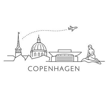 Copenhagen city landmarks with airplane and mermaid vector illustration