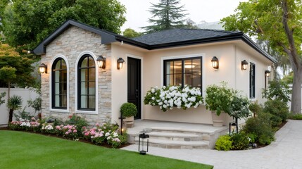 Modern beige cottage house with stone facade and garden