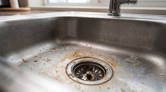 Dirty Kitchen Sink with Stains and Metal Drain, Household Cleaning Concept