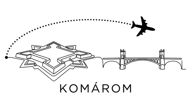 Komarom city landmarks and airplane travel vector illustration