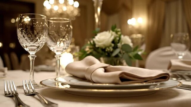 Elegant table setting with crystal glassware, white roses, and gold rimmed plates, a beautiful interior
