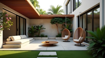 Obraz premium Modern Minimalist Tropical Courtyard Garden With Wooden Pergola And Hanging Chairs In Luxury Home Design