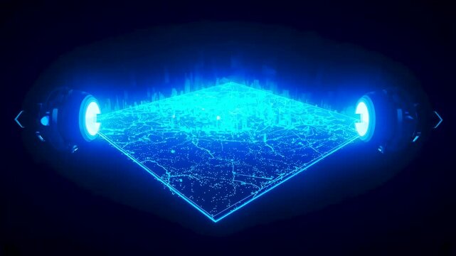 Blue holographic light projection forming geometric plane between two circular emitters in dark space