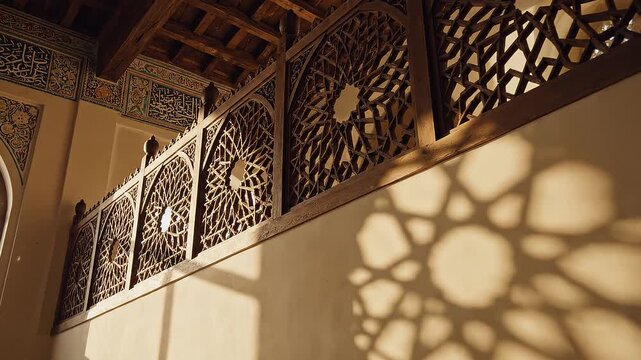 Intricate Islamic geometric pattern casts shadow on beige wall in ornate Middle Eastern architectural interior with arched window