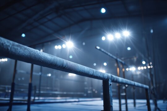 Nighttime gymnastics arena featuring parallel bars and rings illuminated by bright lights