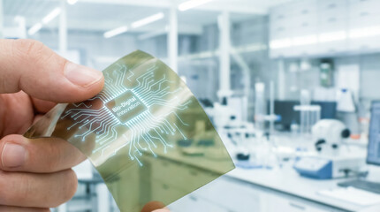 Scientist holding flexible electronic circuit labeled bio-digital innovation in a modern biotechnology laboratory.