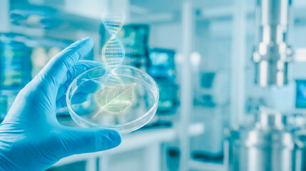 Genetically enhanced leaf in petri dish with DNA helix graphic in futuristic biotechnology laboratory for genetic research.
