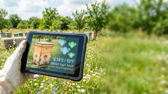 Smart agriculture system using digital tablet to monitor beehive health data and environmental conditions in apiary field.