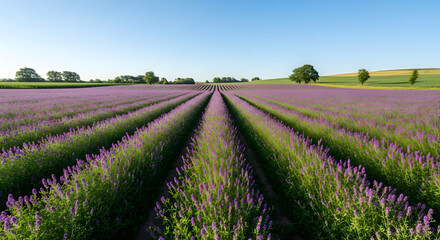 Obraz premium Wide view of a purple flowering field with symmetrical rows stretching toward the horizon under a clear blue sky