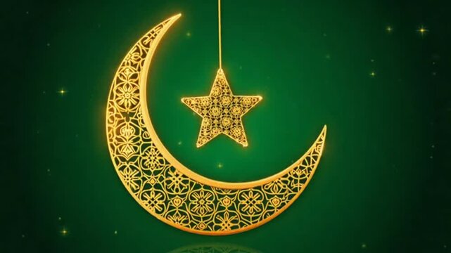 Ramadan decoration with golden crescent moon and star on green background