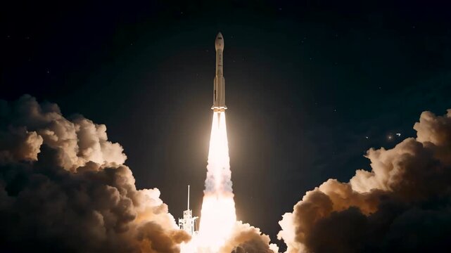 Rocket launching vertically with bright exhaust flames and smoke against dark night sky