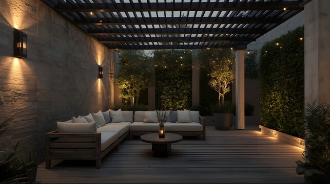 Cozy Modern Outdoor Courtyard Lounge With Pergola Roof And Warm Ambient Lighting For Luxury Home Living