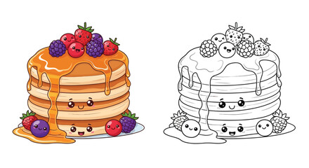 Kawaii Stack of Pancakes With Syrup and Berries Dual View Coloring Page for Food Lovers and Kids