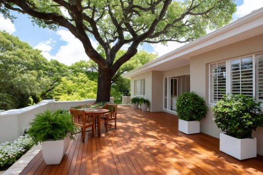 Outdoor wooden deck at a suburban home under a large tree