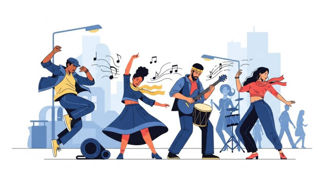 Diverse group of people dancing and playing music on a city street vibrant urban festival scene flat vector illustration for event prom