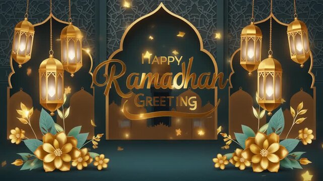 Ramadan greeting card with lanterns and flowers, celebrating Islamic holiday, possibly for social media or e-card use