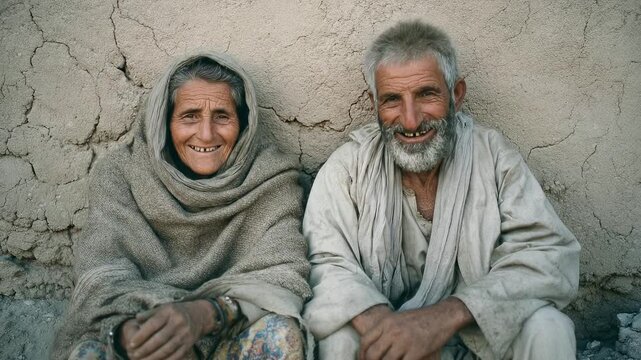 Smiling elderly couple outdoors. Senior man and woman sit together. Weathered faces, traditional clothes. Rural village wall backdrop.