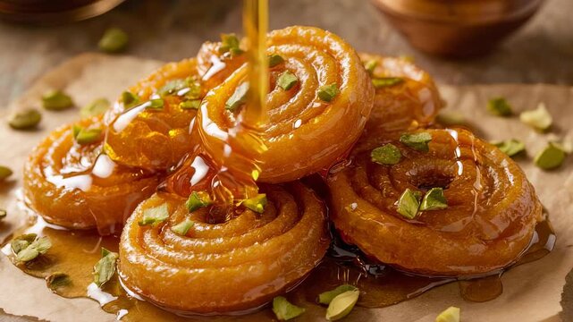 Sweet, spiral-shaped Indian dessert, jalebi, stacked on brown paper, topped with pistachios and syrup, on a rustic wooden table