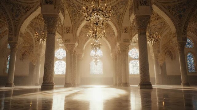 Sunlight streams through arched windows in a grand, ornate hall with columns and chandeliers, creating a warm atmosphere