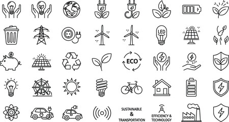 Large set of green energy line icons featuring solar panels wind turbines electric cars recycling symbols and sustainable lifestyle elements for environmental conservation and ecology © MdMostafijur