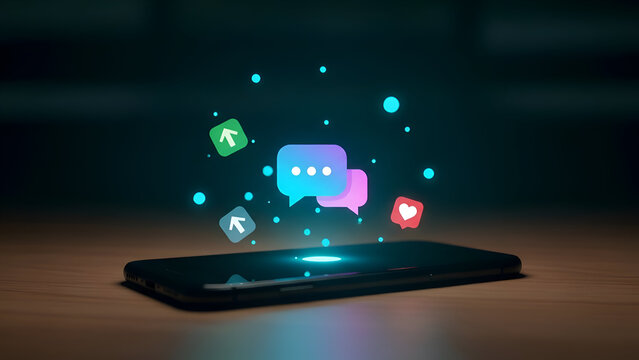 Digital communication concept with chat bubbles and social media icons emerging from a smartphone representing online messaging and social networking