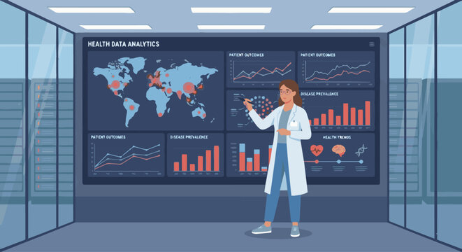 Health Data Scientist with Dashboard
A flat vector illustration of a health data scientist standing in front of a large digital dashboard displaying health statistics and trends. 