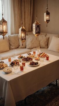 Traditional Middle Eastern iftar dinner setup in a cozy living room with lanterns