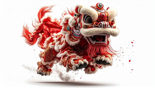 Barongsai in a gallant jumping pose, predominantly red with white feather accents and ornaments. The white background emphasizes the decorative details and dynamic impression.