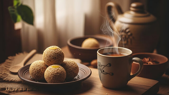 cup of coffee and cookies, Fresh Traditional Indian Til Ladoo in Rustic Woven Basket. Soft Morning Light, Authentic Sesame Balls. Homemade Sweet on Wooden Table.