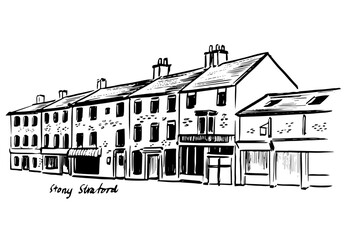 Ink sketch illustration of Stony Stratford in Milton Keynes United Kingdom, hand drawn black and white line art of historic street houses and town architecture for travel guides and books © Vy