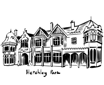 Ink sketch illustration of Bletchley Park in Milton Keynes United Kingdom, hand drawn monochrome line art of historic estate architecture for travel books, history posters and editorial illustration
