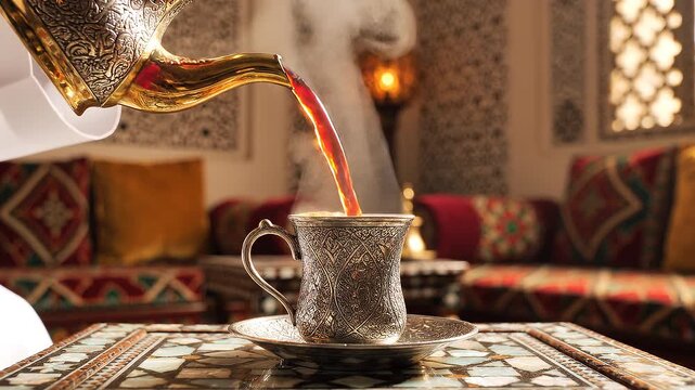 Traditional tea being poured into a decorative cup on a mosaic table in a cozy, ornately patterned room