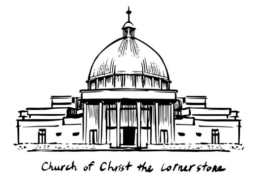 Ink sketch illustration of Church of Christ the Cornerstone in Milton Keynes United Kingdom, hand drawn black and white line art of modern religious architecture for travel guides and editorial design