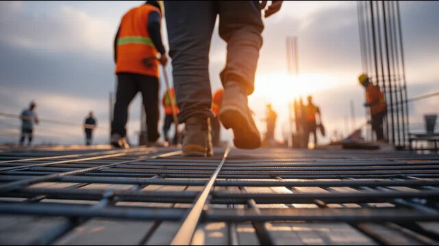 Close-up of a builder's boots walking on a steel rebar foundation at a construction site